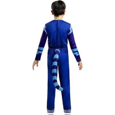 Fato de Halloween azul com cauda aos riscos visto de trás