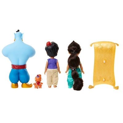 Conjunto de bonecos de Aladdin vistos por trás, incluindo génio, rapaz, rapariga e tapete amarelo
