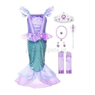 Fantasia infantil sereia azul turquesa e lilás com acessórios lilás sobre fundo branco