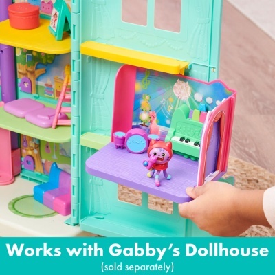 Casinha de bonecas colorida com acessórios e texto promocional