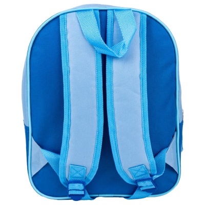 Mochila azul vista de trás com alças acolchoadas azuis claras