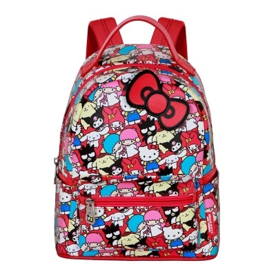 Mochila pequena colorida com personagens Hello Kitty e laço vermelho