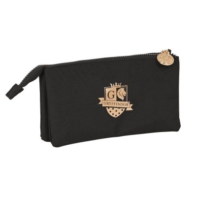 Necessaire preta com emblema dourado da Grifinória e fecho de correr com pendente dourado