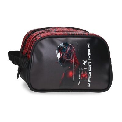 Necessaire preta com imagem do Spider-Man e texto decorativo em branco e vermelho