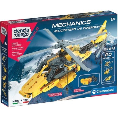 Caixa do brinquedo de montar helicóptero de emergência amarelo com motor elétrico