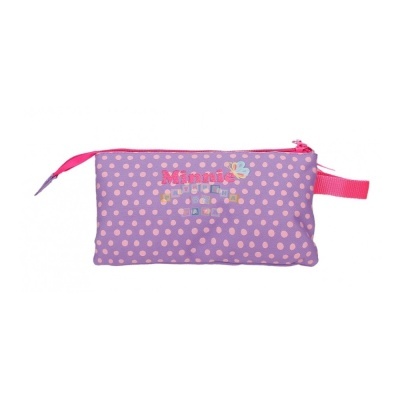 Estojo lilás com bolinhas rosa e texto Minnie bordado