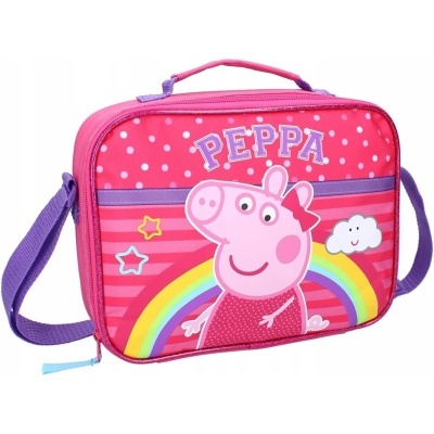 Mala de criança rosa e roxa com desenho da Peppa Pig e arco-íris