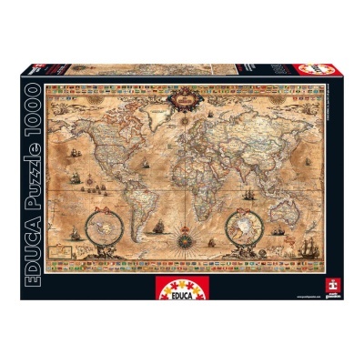 Caixa de puzzle Educa 1000 peças com mapa antigo do mundo em tons de castanho