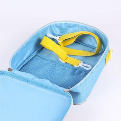 Mala azul claro aberta com interior e alças amarelas.
