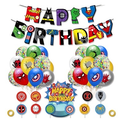 Decoração de aniversário com balões coloridos e letras 'HAPPY BIRTHDAY' com motivos de super-heróis
