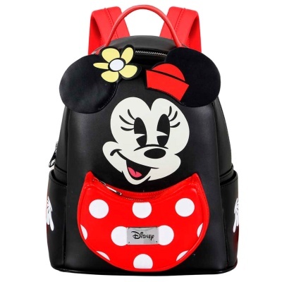 Mochila preta da Minnie com detalhes vermelhos e bolinhas brancas