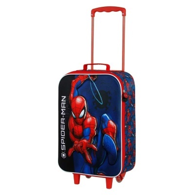 Mala de viagem infantil com tema Homem-Aranha vermelha e azul com texto SPIDER-MAN