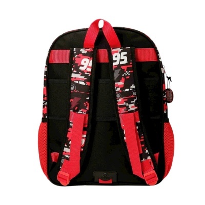Mochila preta e vermelha com tiras estampadas e alça vermelha