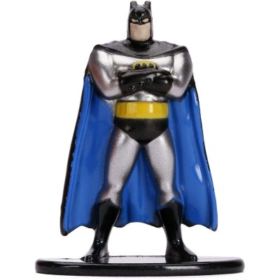Miniatura do Batman com capa azul e fato prateado em base preta