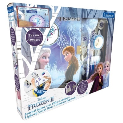 Diário secreto com luzes da Frozen II com personagens Elsa e Anna em azul com neve