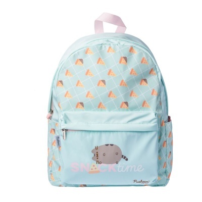Mochila azul claro com padrão de pizza e desenho de gato Pusheen