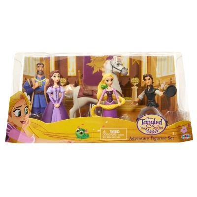 Conjunto de figuras da Disney Tangled - The Series com personagens e cavalo em caixa transparente.