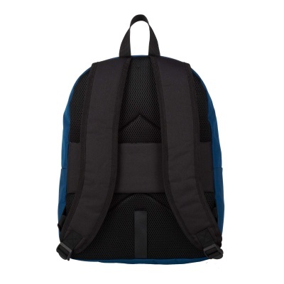 Mochila azul e preta vista de trás com alças acolchoadas e painel traseiro em malha