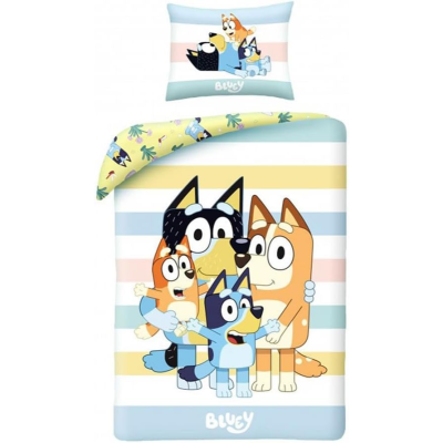 Conjunto de cama infantil com personagens de desenho animado Bluey e riscas coloridas