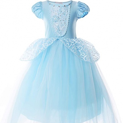 Vestido infantil azul claro com tule e bordado floral