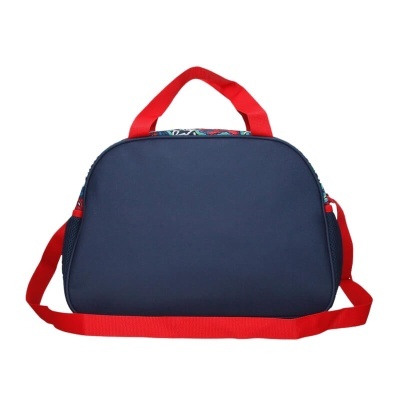 Mala azul escura com alças vermelhas para mão e ombro