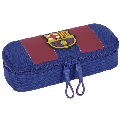 Estojo azul e vermelho com emblema do FC Barcelona e fecho de correr duplo