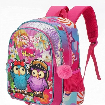 Mochila infantil rosa com estampa de corujas e flores