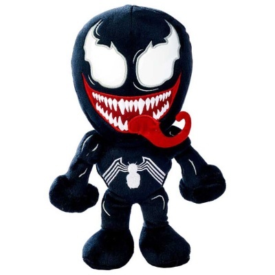 Pelúcia personagem Venom preta com detalhes em branco e vermelho