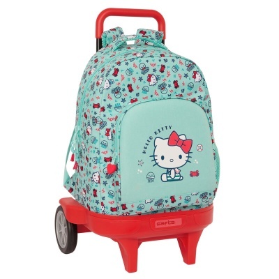 Mochila de rodinhas verde água com padrão colorido e personagem Hello Kitty frente
