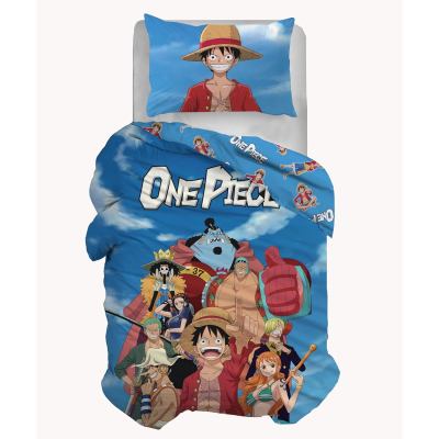 Jogo de cama infantil com design do anime One Piece em azul com personagens e texto