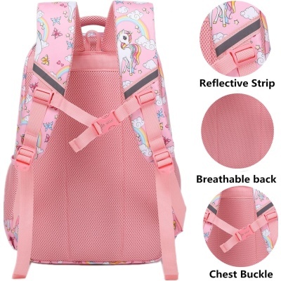 Mochila cor-de-rosa com unicórnios e alças ajustáveis com fita refletora
