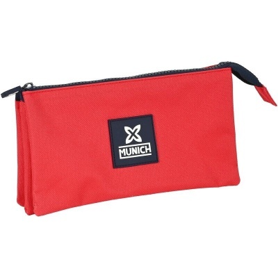 Estojo escolar vermelho com fecho preto e etiqueta MUNICH