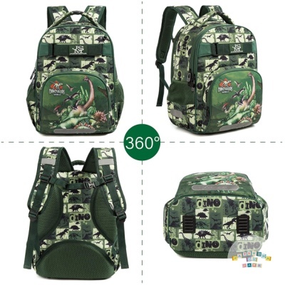 Mochila verde com padrão de dinossauros e alças acolchoadas