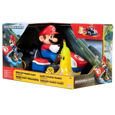 Brinquedo Mario Kart com figura de Mario em kart dentro de embalagem com texto e gráficos do jogo