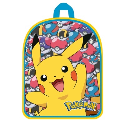 Mochila colorida com imagem do Pikachu e Pokébolas