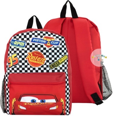 Mochila vermelha com carro Relâmpago McQueen e padrão quadriculado preto e branco