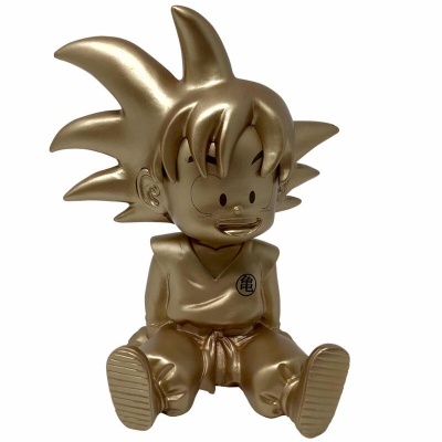Figura decorativa dourada de personagem de desenho animado sentado