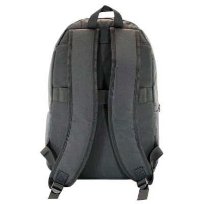 Mochila cinzenta escura vista de costas com alças acolchoadas pretas