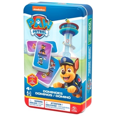 Caixa metálica azul de dominó Paw Patrol com imagem de cão policial e torre de controlo