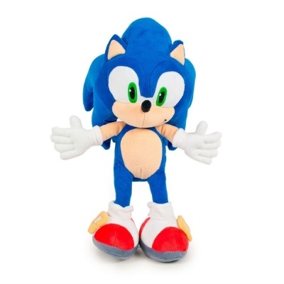 Peluche do Sonic azul com olhos verdes e sapatos vermelhos