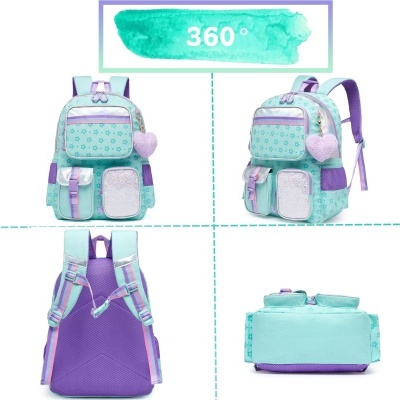 mochila verde água e lilás com padrão de flores e vários bolsos