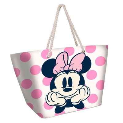 Saco branco de bolinhas rosas com imagem da personagem Minnie e alças de corda branca