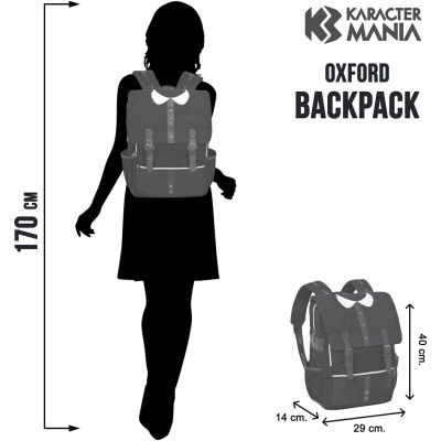 Mochila preta Oxford com bolsos frontais e alças ajustáveis ao lado de uma silhueta feminina preta e texto da marca