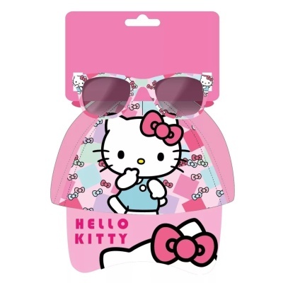 Conjunto infantil Hello Kitty com óculos de sol rosa e viseira com estampa de personagem Hello Kitty