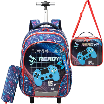 Conjunto escolar azul com padrão de comandos de videojogos, mochila com rodas, estojo e saco térmico