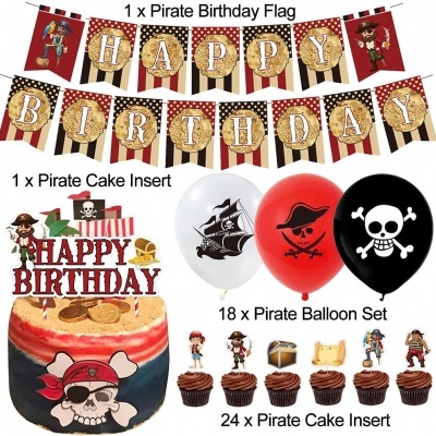 Decoração de aniversário pirata com bandeira, balões e enfeites para bolo