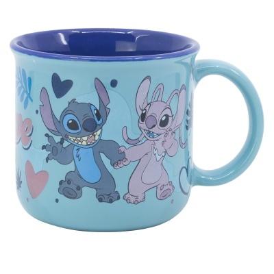 Caneca azul claro com personagens Stitch e Angel e corações
