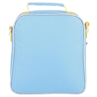 Mala térmica azul claro com alças e detalhes amarelos