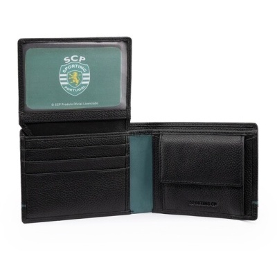 Carteira preta de couro com logotipo do Sporting Portugal no interior