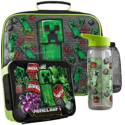 Mochila, lancheira e garrafa com tema Minecraft em verde e preto